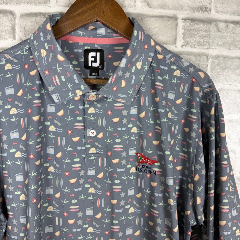 FootJoy Mens LACC 123rd US Open Golf Polo Shirt Gray Novelty AOP Print Large